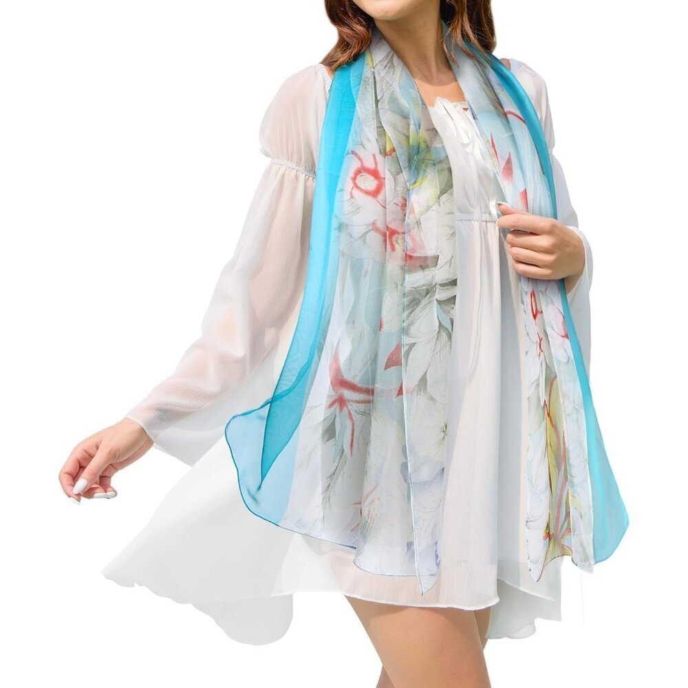 Women's Light Blue 1 Fashion Lightweight Head Scarf Floral Print Chiffon Scarves